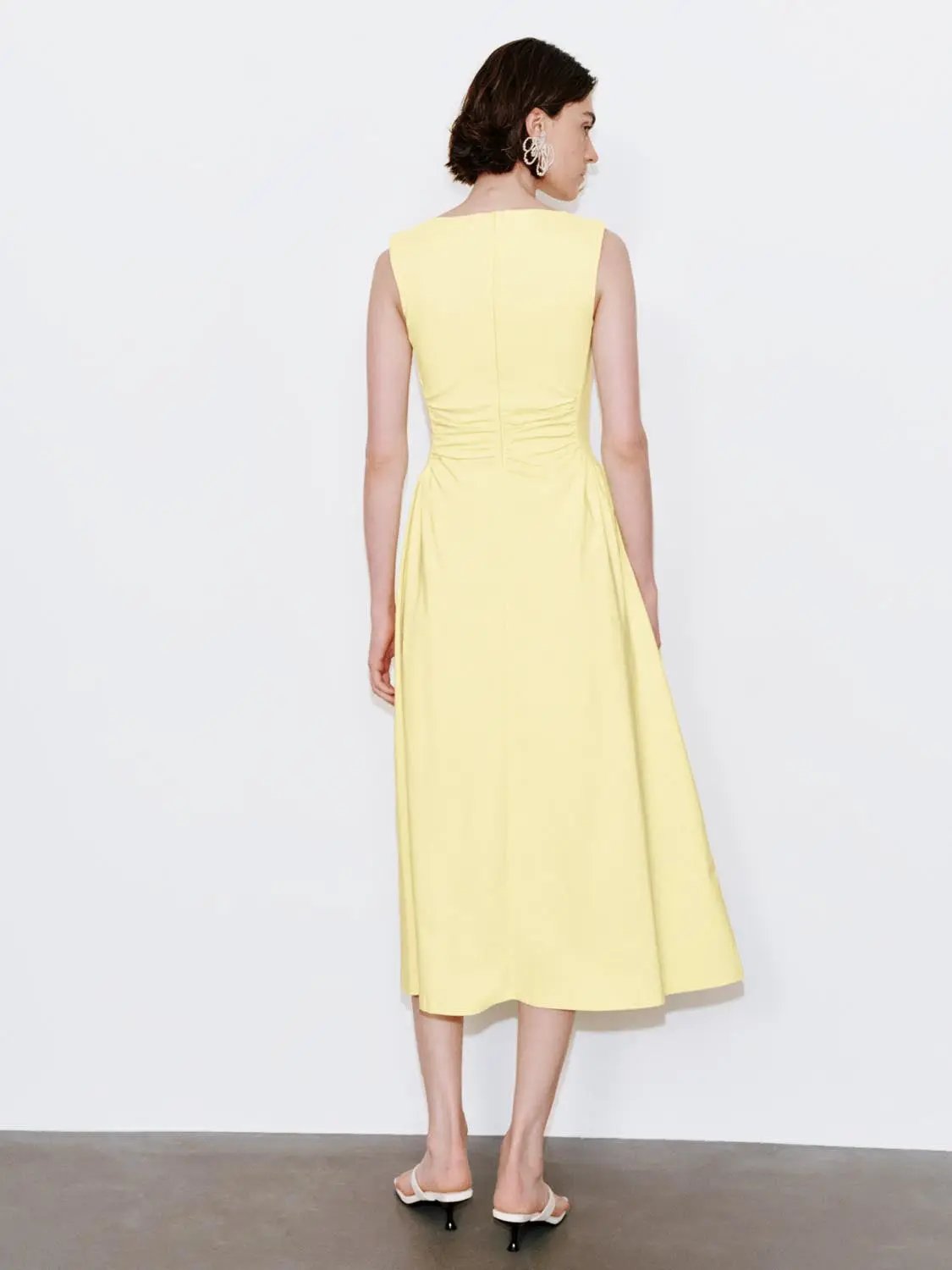 U-Neck Ruched Waist Sleeveless A-Line Midi Dress