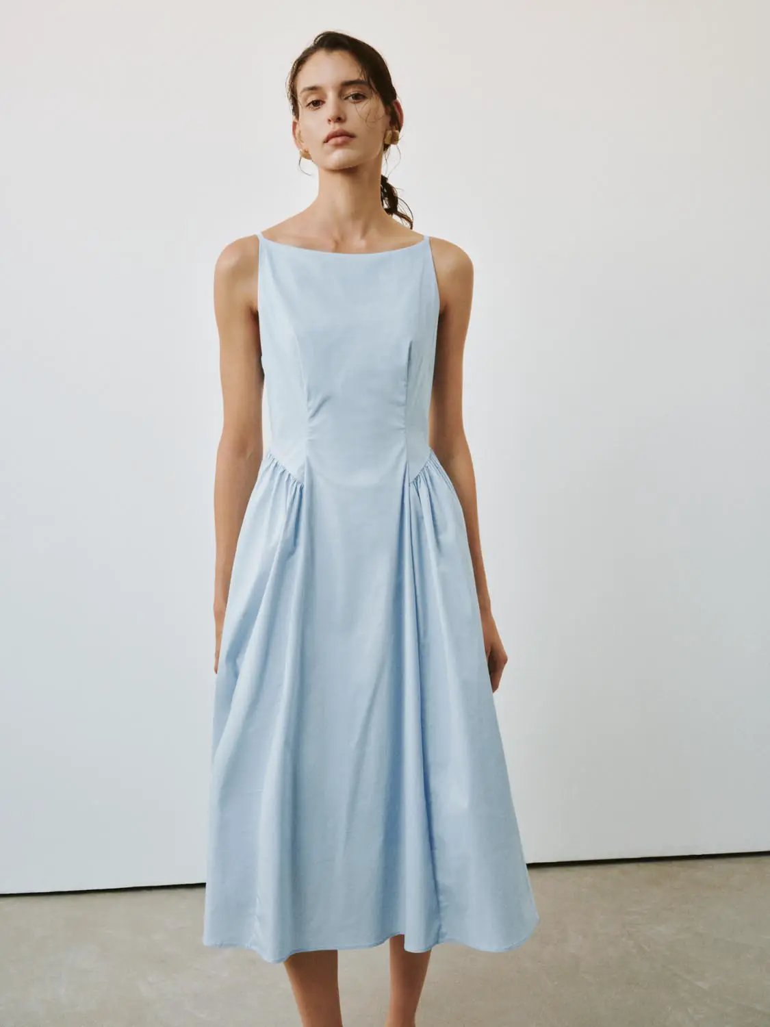 Square Neck Pleated Swing Cotton A-Line Midi Dress