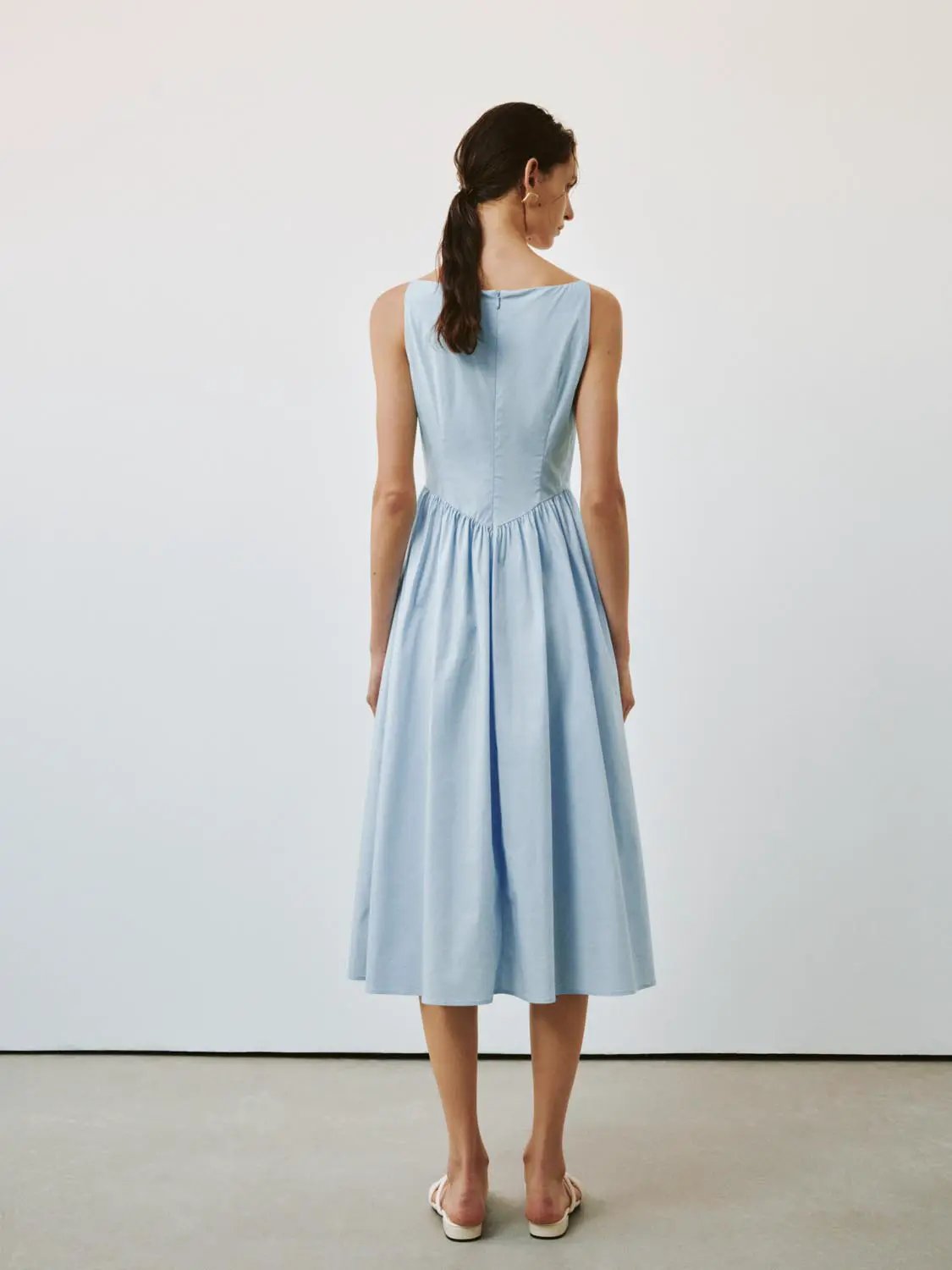 Square Neck Pleated Swing Cotton A-Line Midi Dress