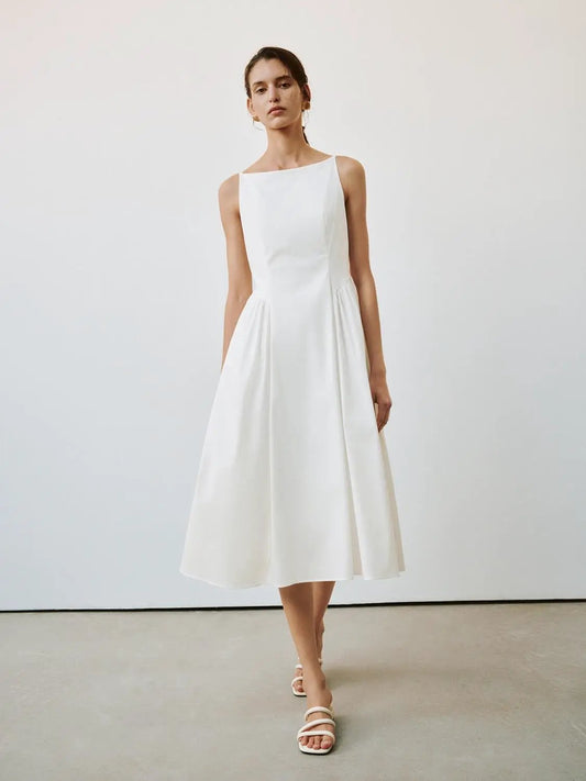 Square Neck Pleated Swing Cotton A-Line Midi Dress