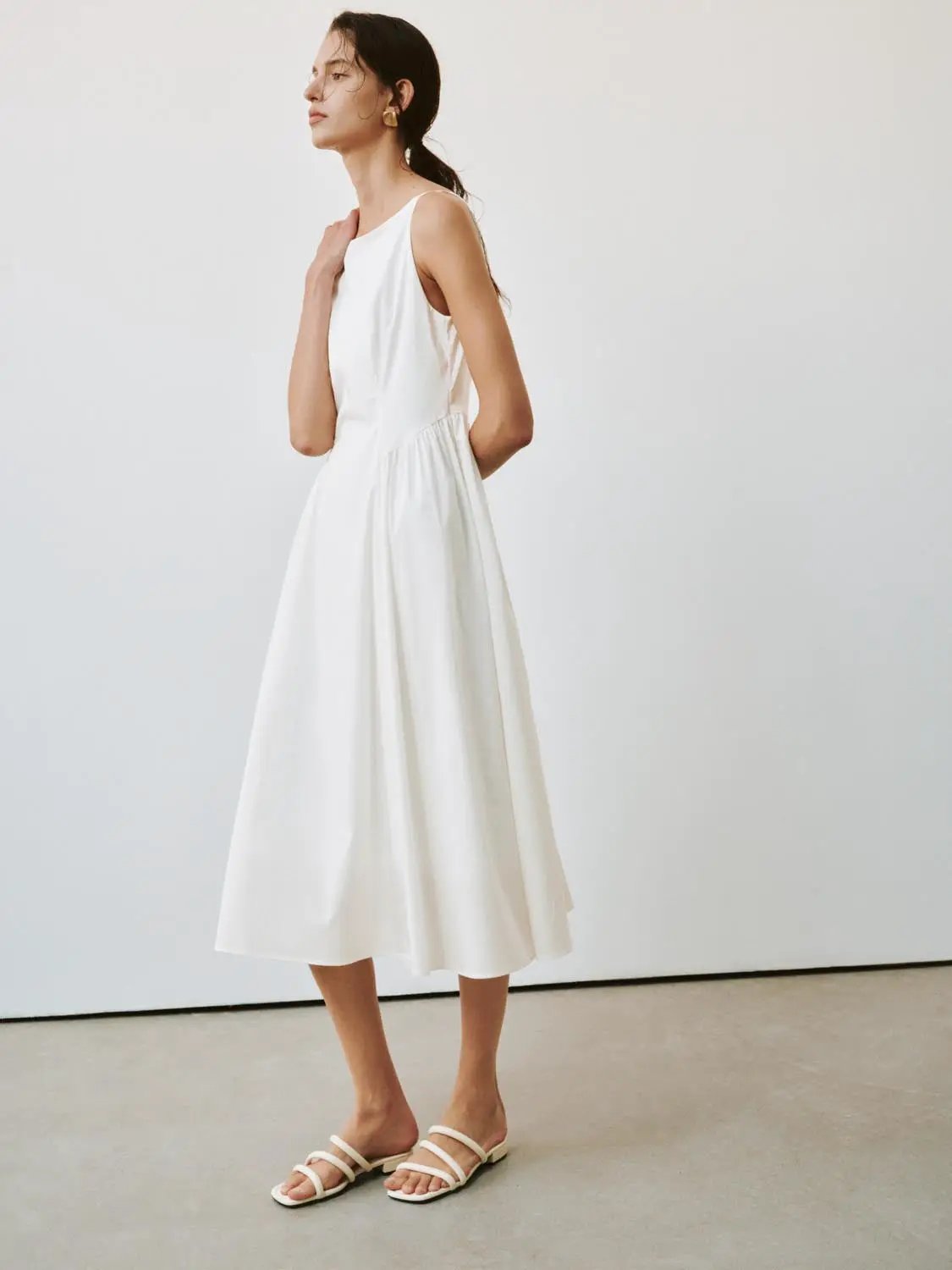 Square Neck Pleated Swing Cotton A-Line Midi Dress