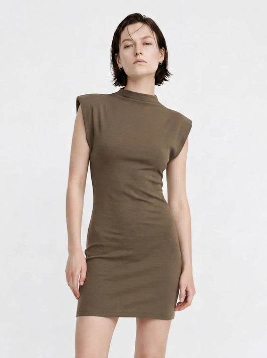 Structured Shoulders High-Neck Sleeveless Bodycon Mini Dress