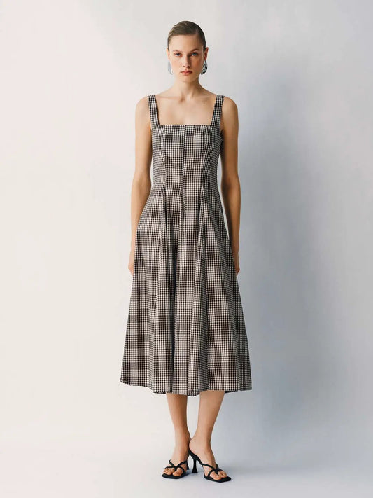 Gingham Textured Weave Strappy A-Line Cotton Maxi Dress