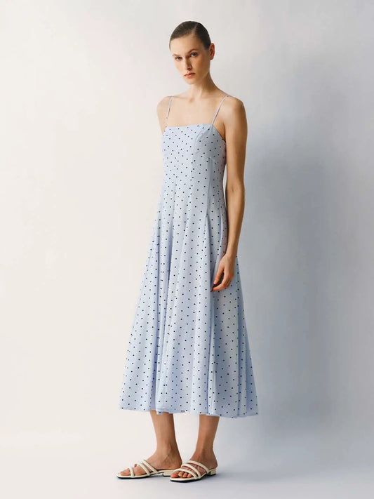 Square Neck Tie Strap Polka Dot A-Line Midi Dress
