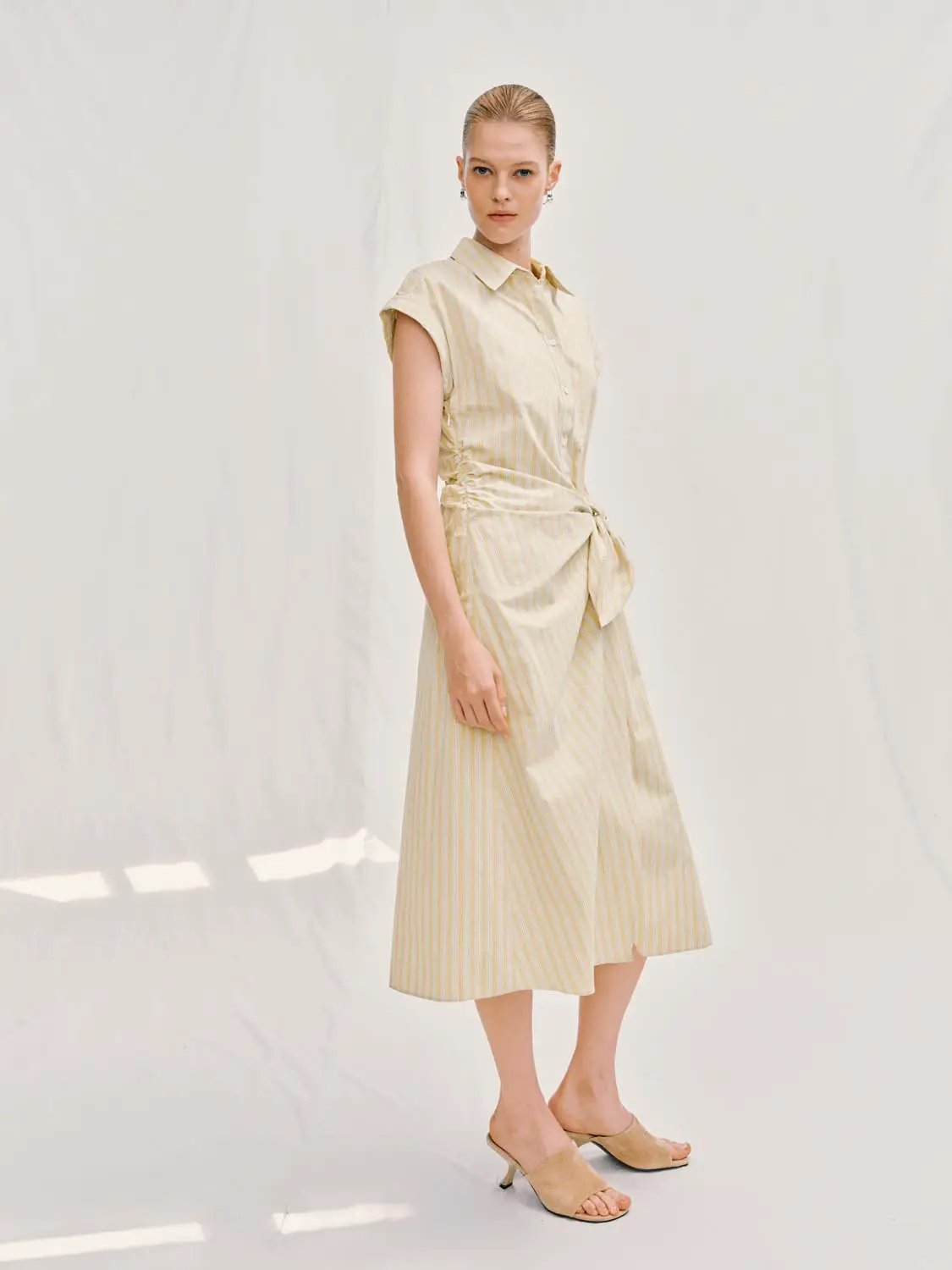 A-line Striped Tie Waist Midi Cotton Dress