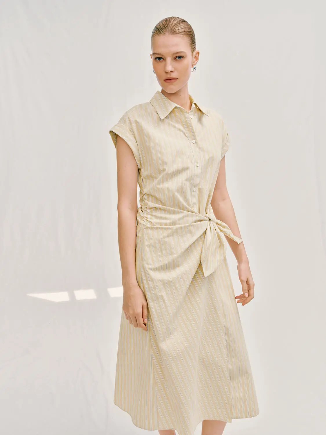 A-line Striped Tie Waist Midi Cotton Dress