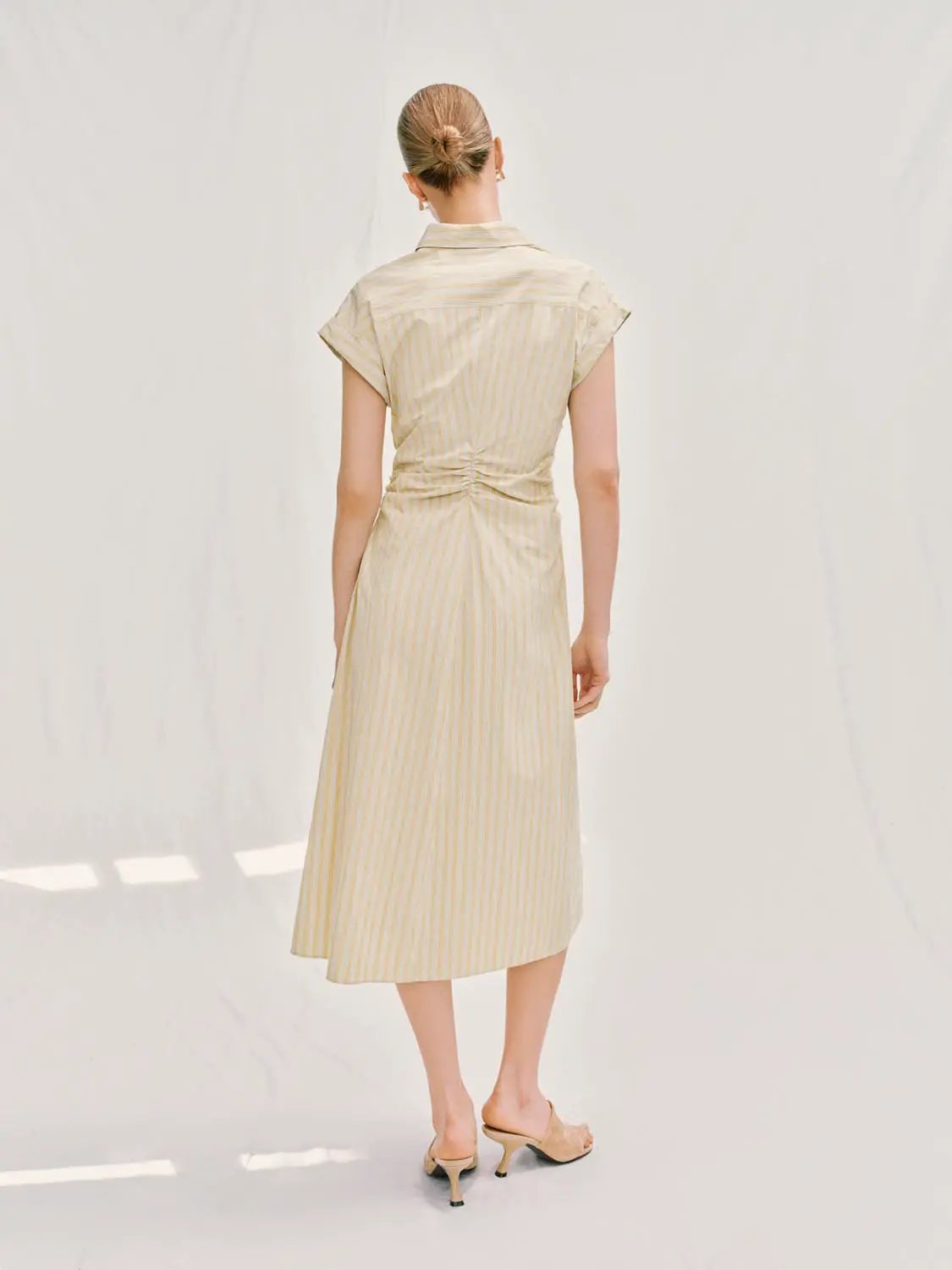 A-line Striped Tie Waist Midi Cotton Dress