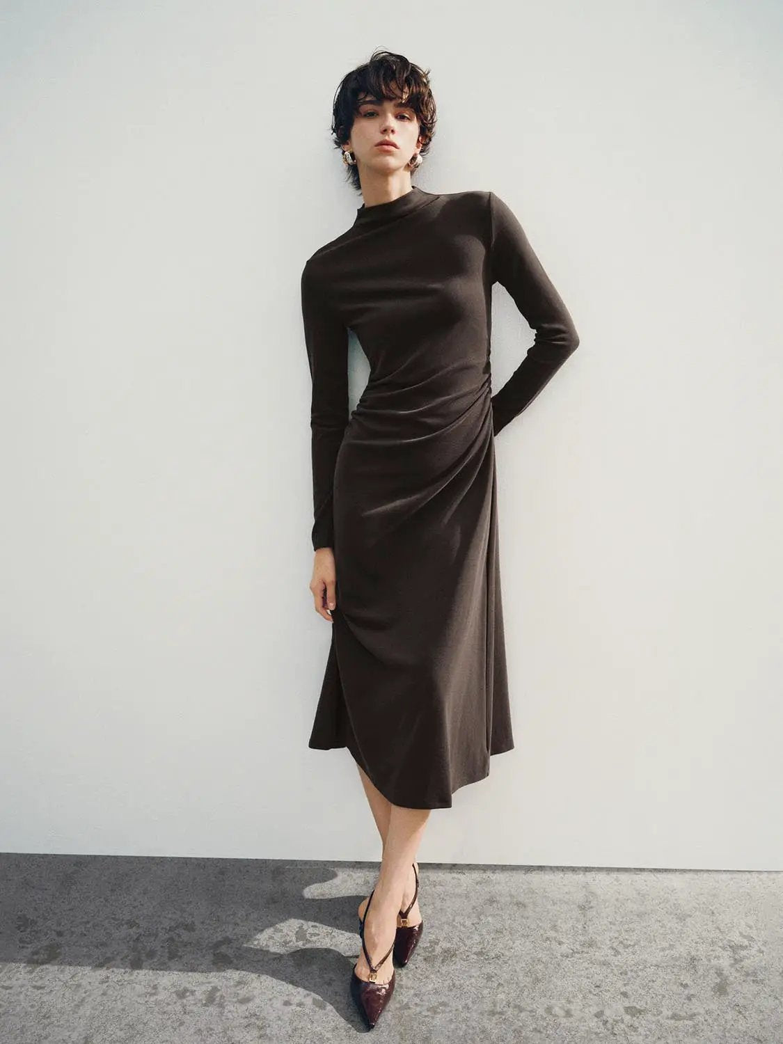 Asymmetric Draped Mock Neck Long Sleeve Midi Dress