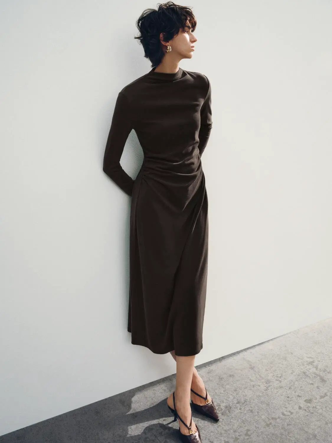 Asymmetric Draped Mock Neck Long Sleeve Midi Dress