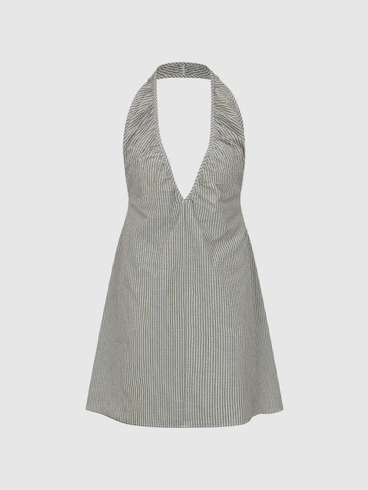 Stripe Deep V Halter Neck Loose A-line Mini Dress