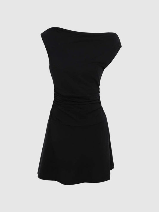 Off Shoulder Waist Ruched Stretch Flared A-Line Mini Dress