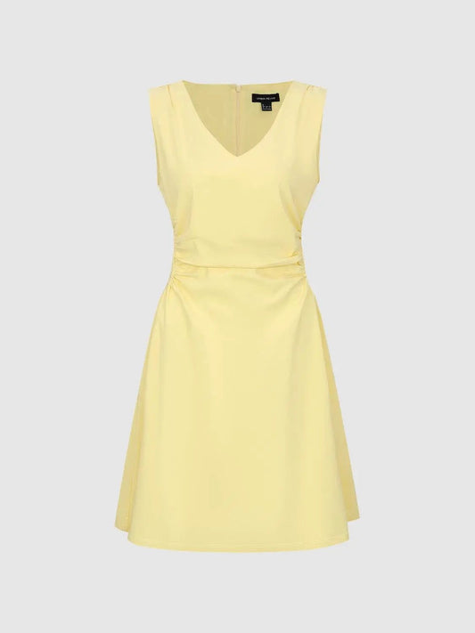 Ruched Waist V-neck Sleeveless A-Line Flared Dress