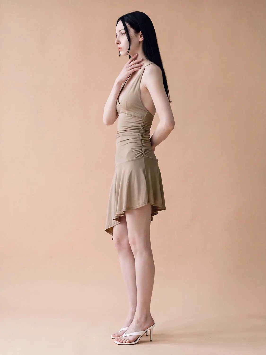 Ruched Sleeveless V-Neck Asymmetric Hem Mini Dress