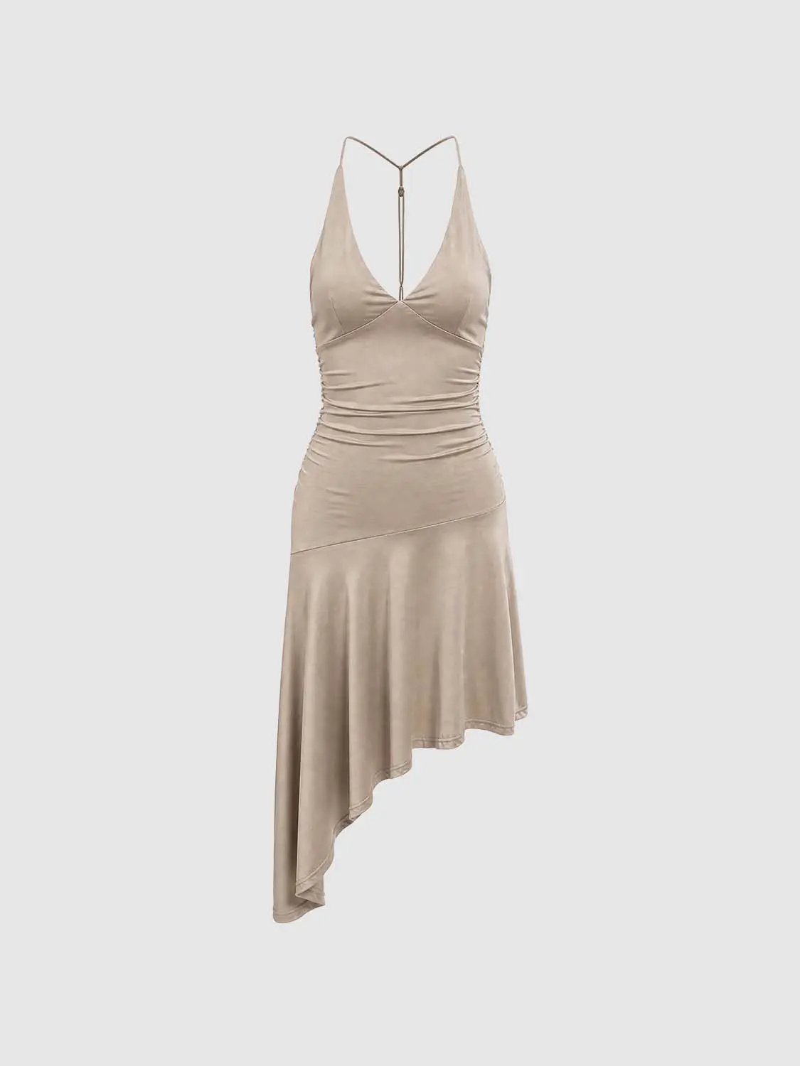 Ruched Sleeveless V-Neck Asymmetric Hem Mini Dress