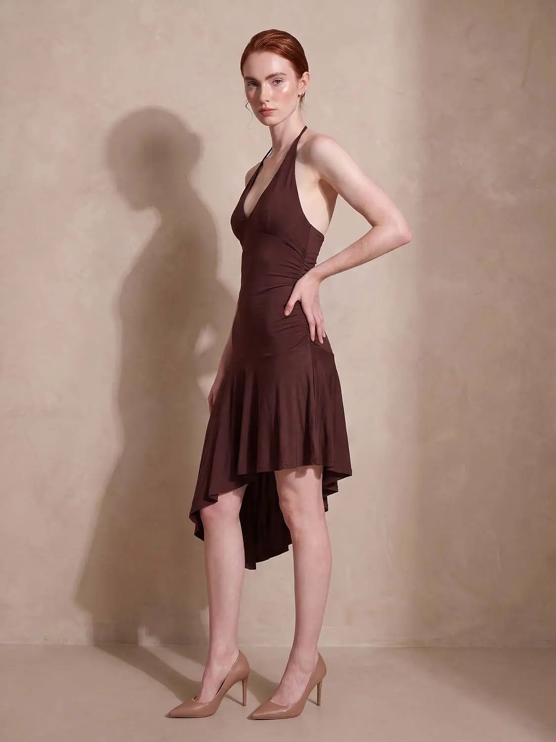 Ruched Sleeveless V-Neck Asymmetric Hem Mini Dress