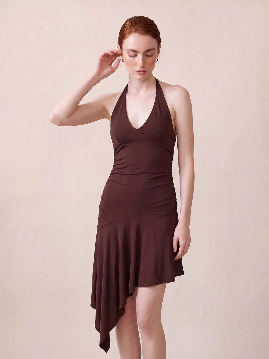 Ruched Sleeveless V-Neck Asymmetric Hem Mini Dress
