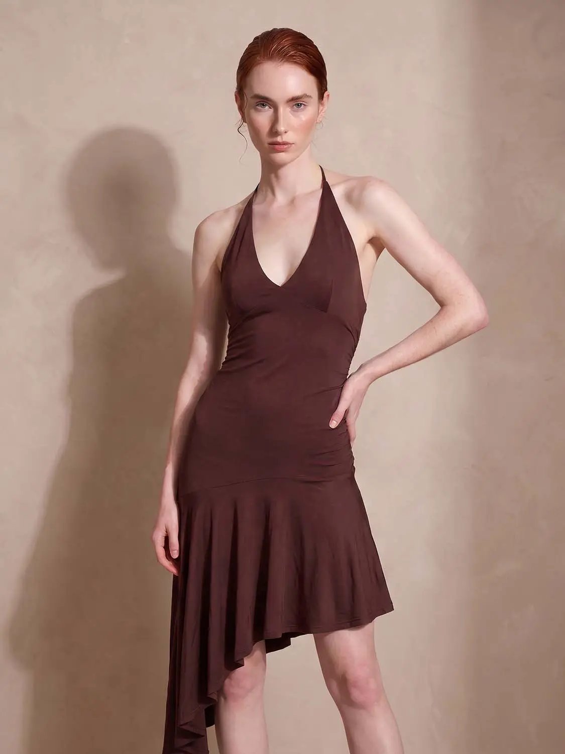Ruched Sleeveless V-Neck Asymmetric Hem Mini Dress