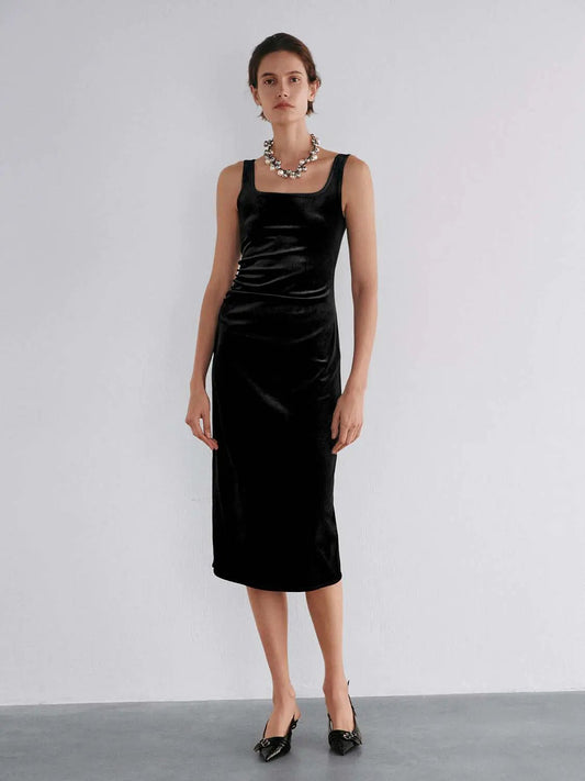 Ruched Straight Square Neck Sleeveless Midi Dress