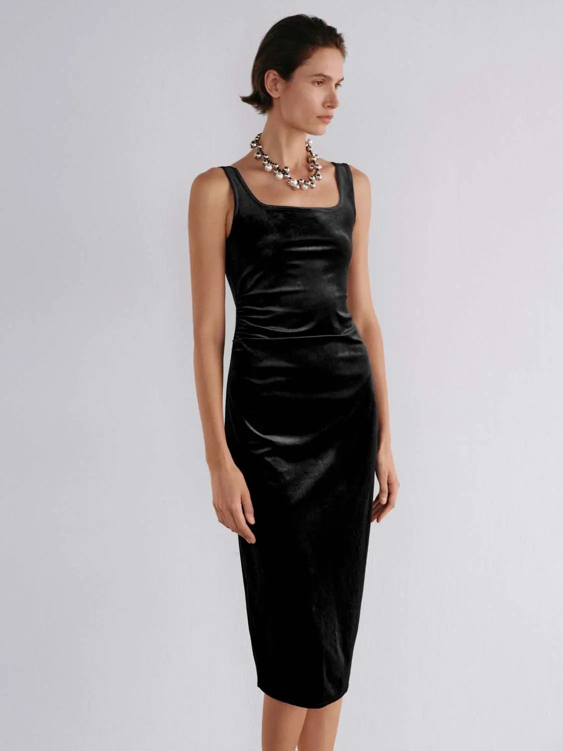 Ruched Straight Square Neck Sleeveless Midi Dress