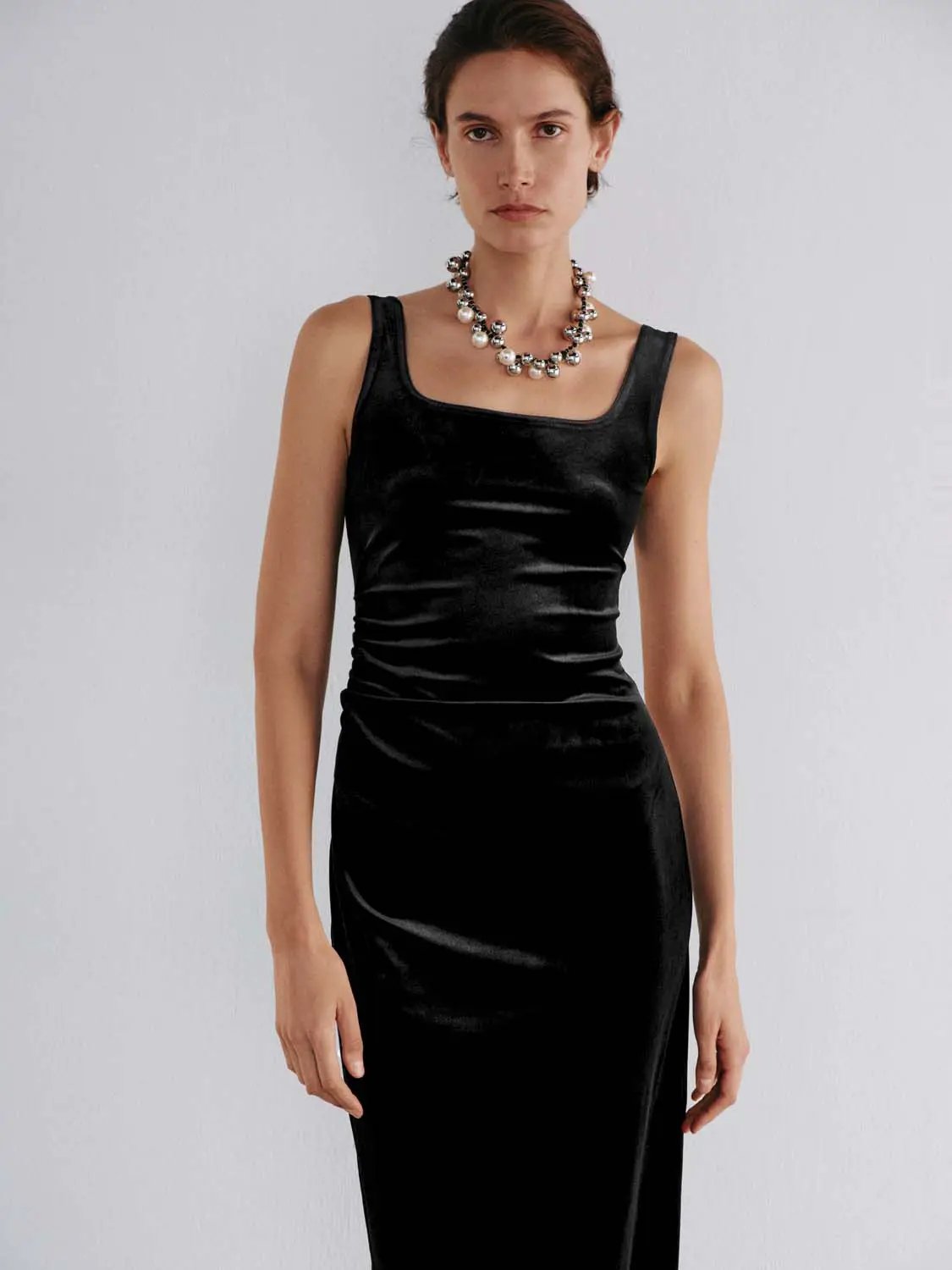 Ruched Straight Square Neck Sleeveless Midi Dress