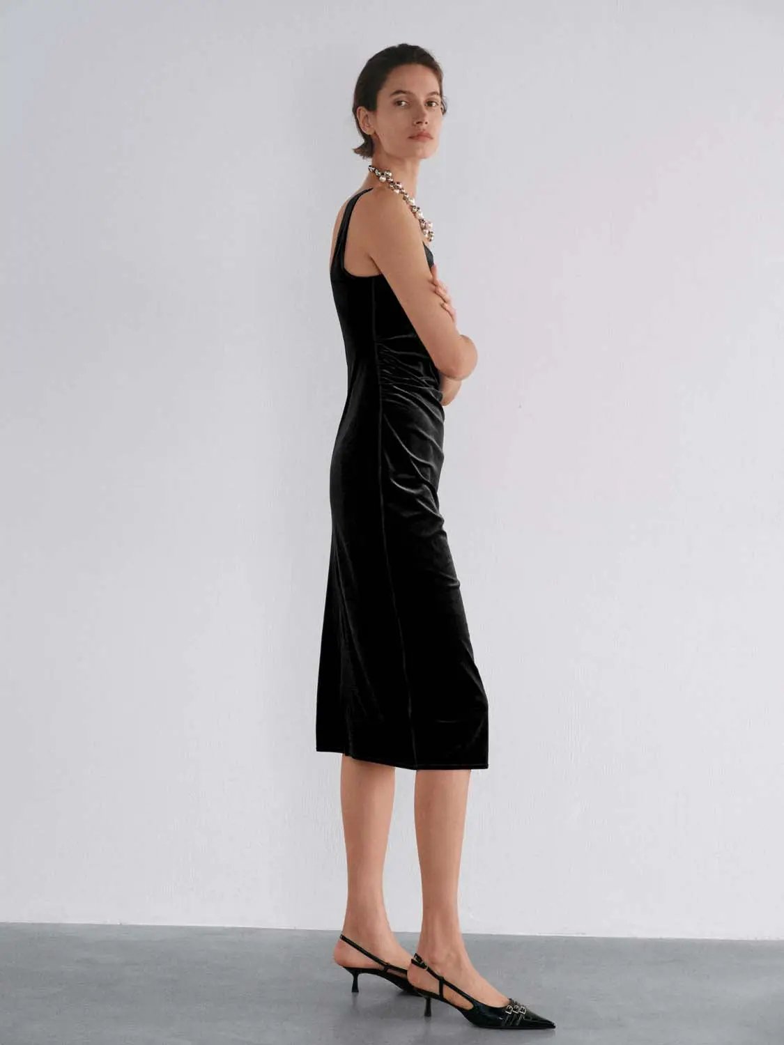 Ruched Straight Square Neck Sleeveless Midi Dress