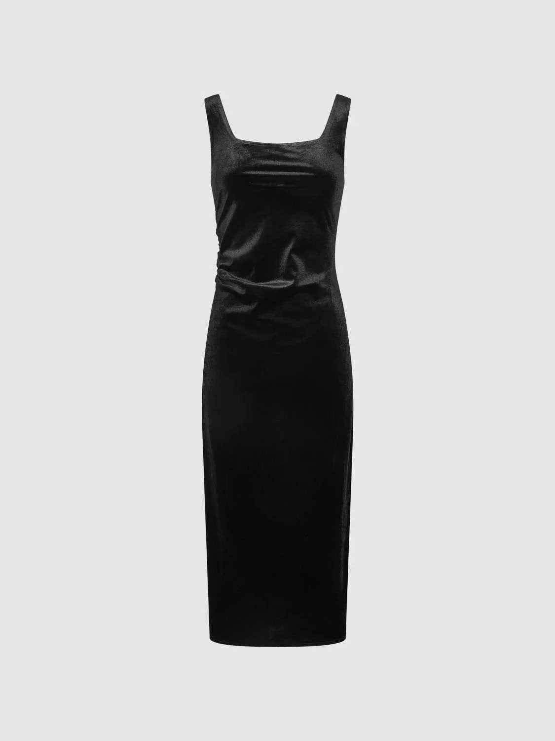 Ruched Straight Square Neck Sleeveless Midi Dress