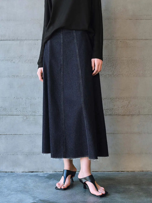 Vertical Panel Seam Raw Edge Washed Denim Midi Skirt