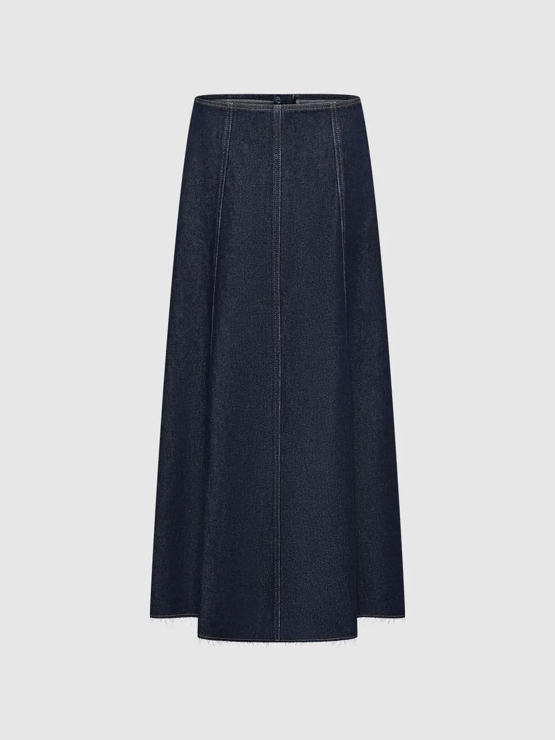 Vertical Panel Seam Raw Edge Washed Denim Midi Skirt