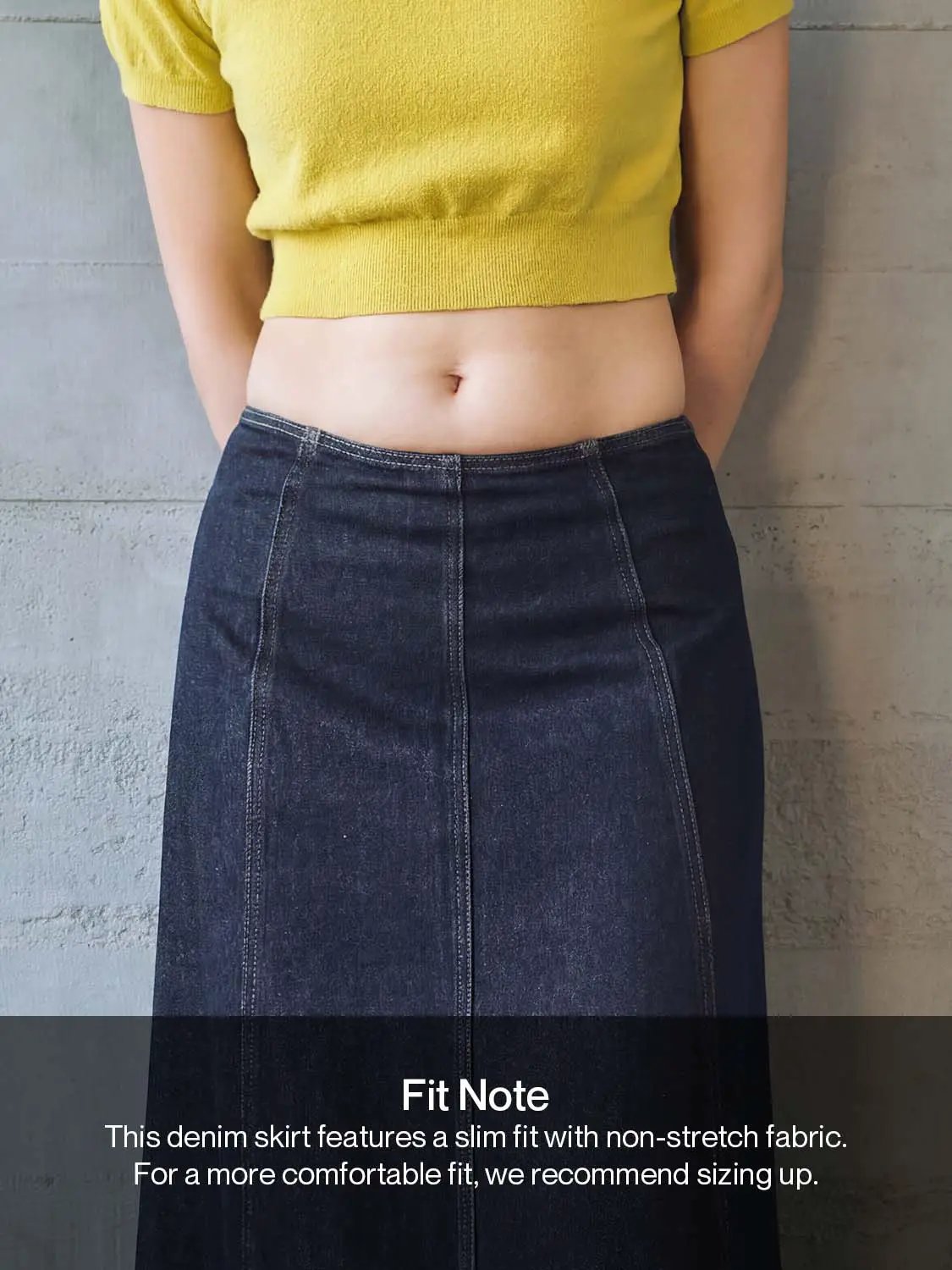 Vertical Panel Seam Raw Edge Washed Denim Midi Skirt