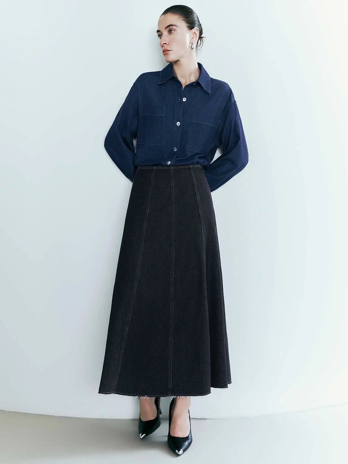 Vertical Panel Seam Raw Edge Washed Denim Midi Skirt