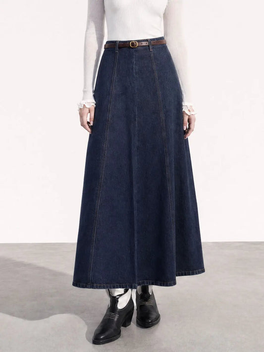 Stitched Panel Belted Vintage Washed Denim Maxi Skirt