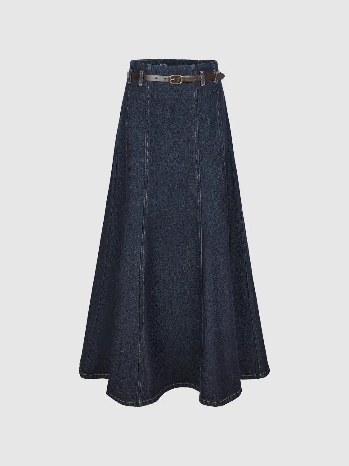 Stitched Panel Belted Vintage Washed Denim Maxi Skirt