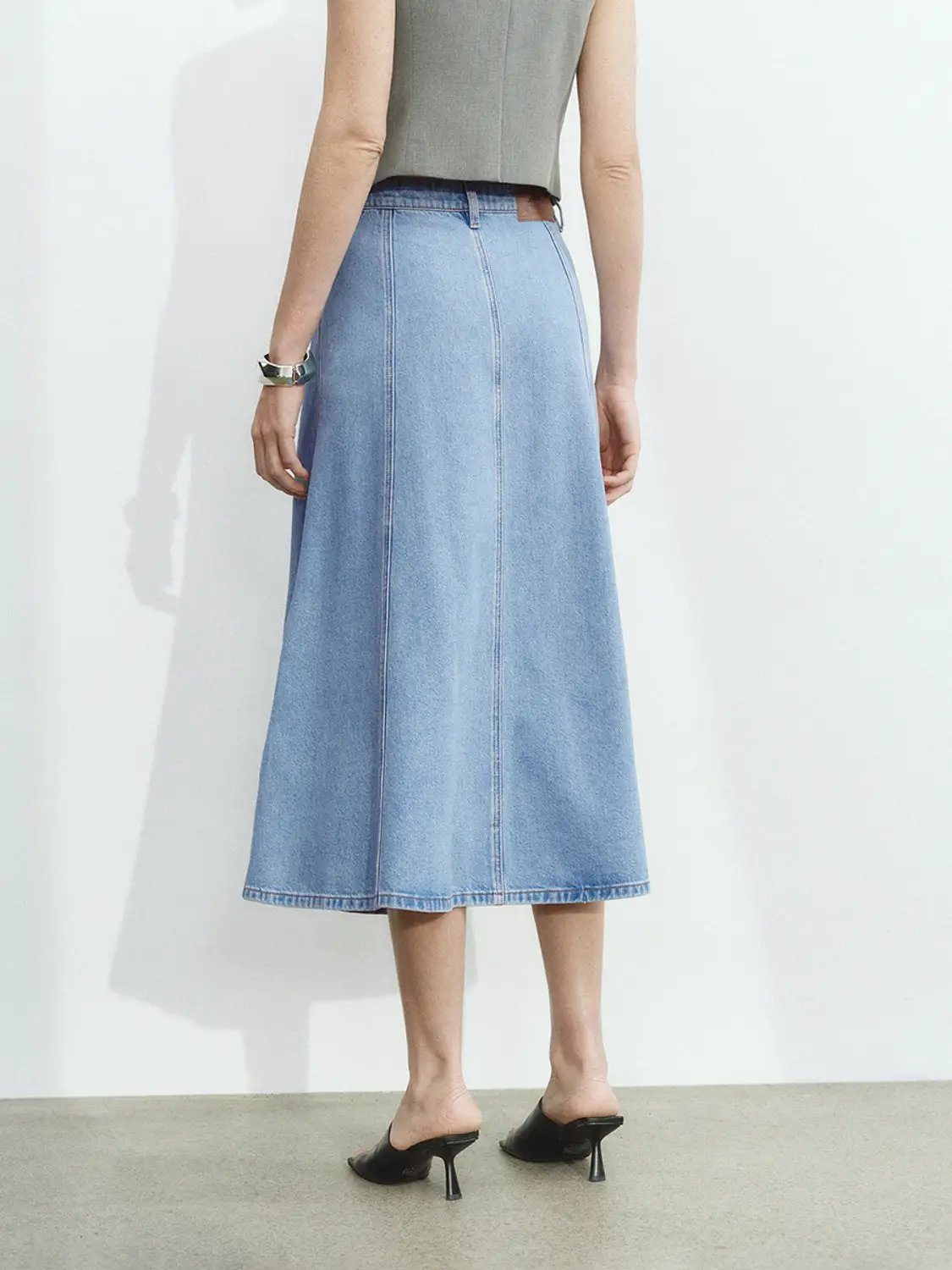 High Waist Panel Seam Flared Midi Denim Skirt