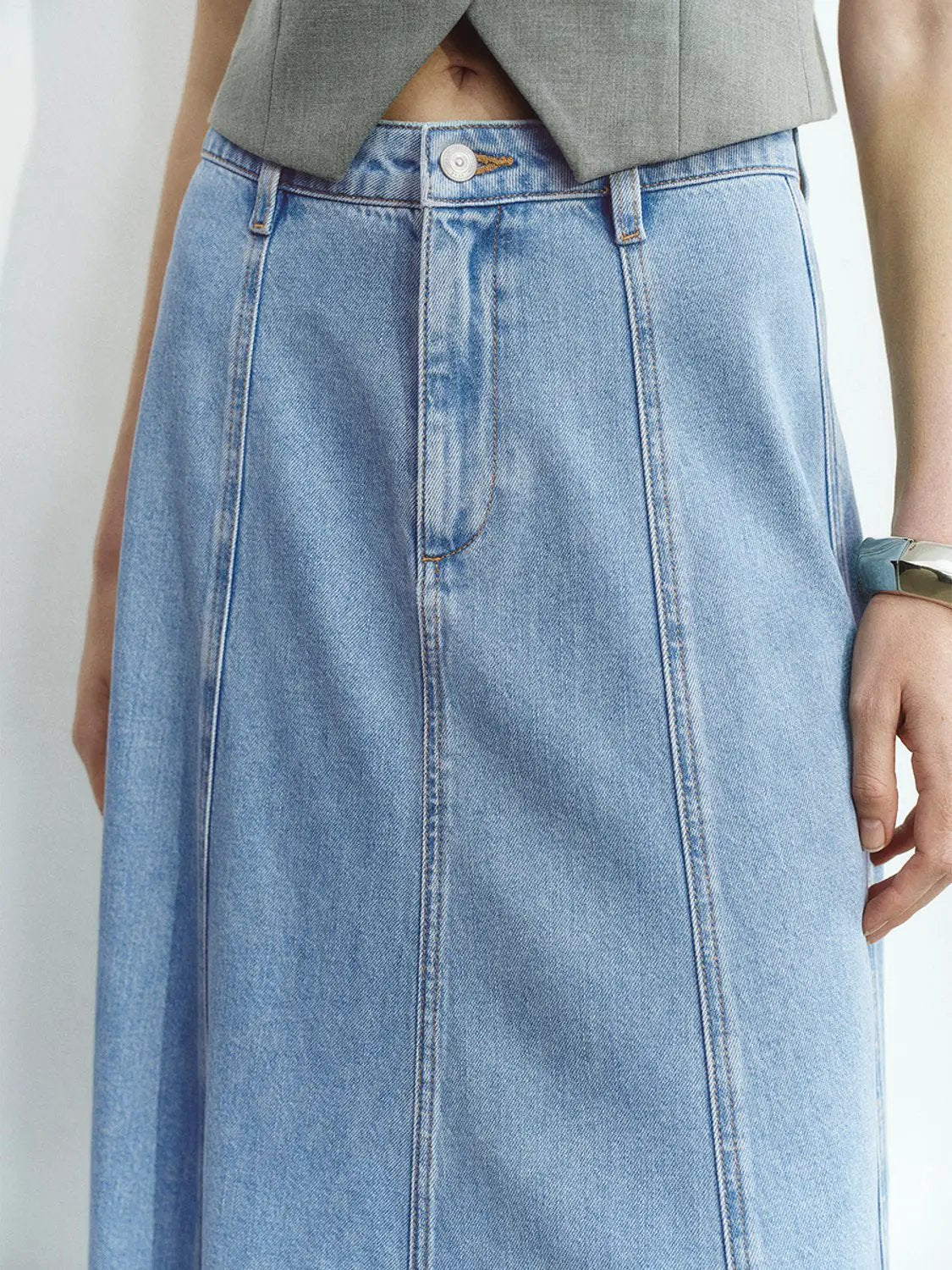 High Waist Panel Seam Flared Midi Denim Skirt