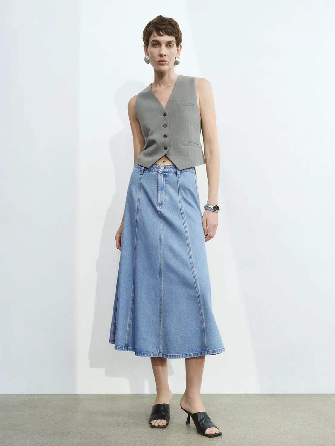 High Waist Panel Seam Flared Midi Denim Skirt