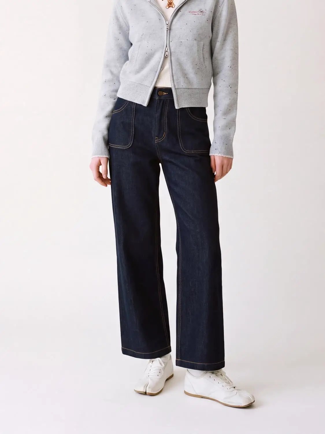 High Waist Contrast Stitch Cotton Wide Leg Jeans