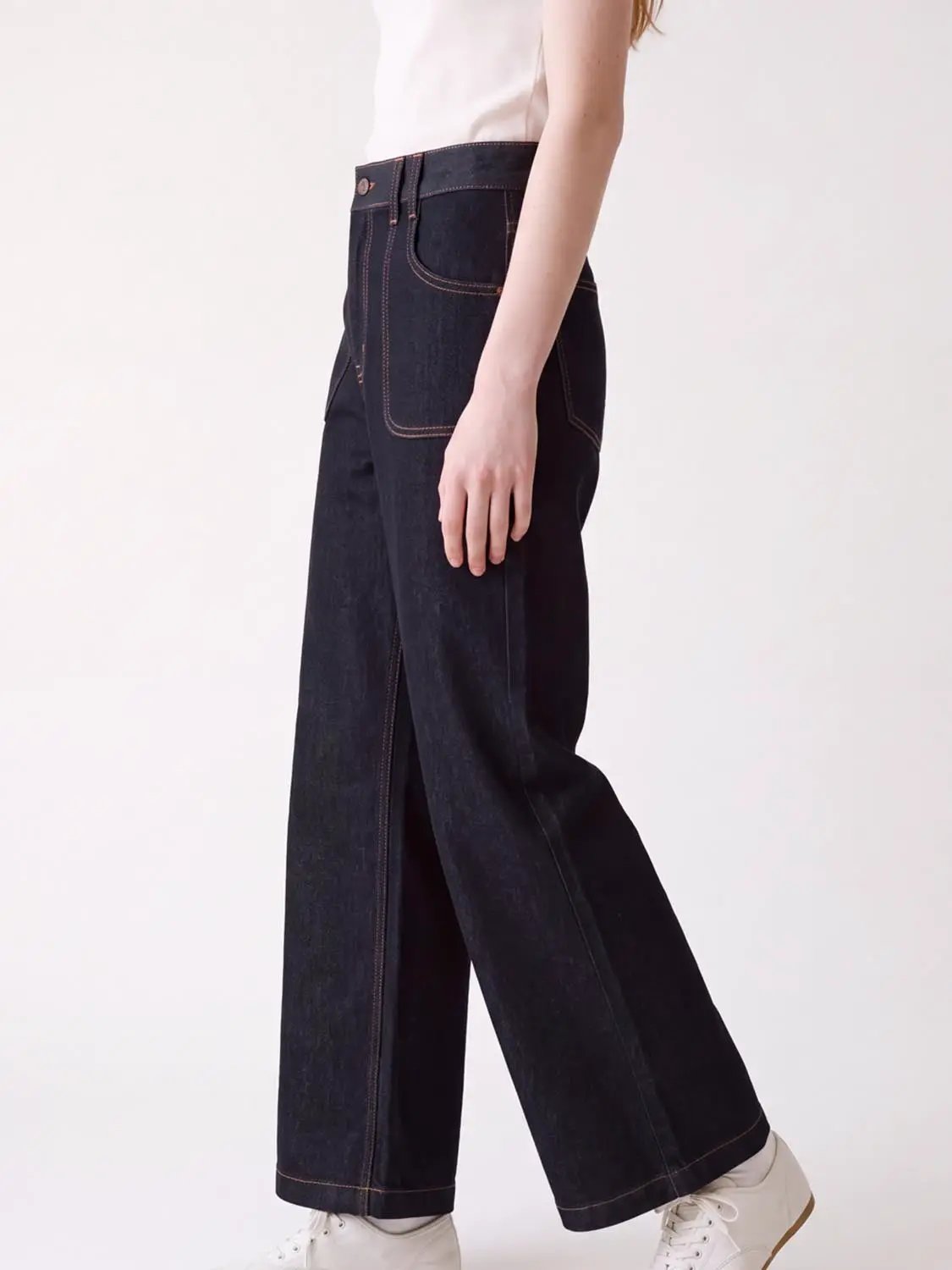 High Waist Contrast Stitch Cotton Wide Leg Jeans