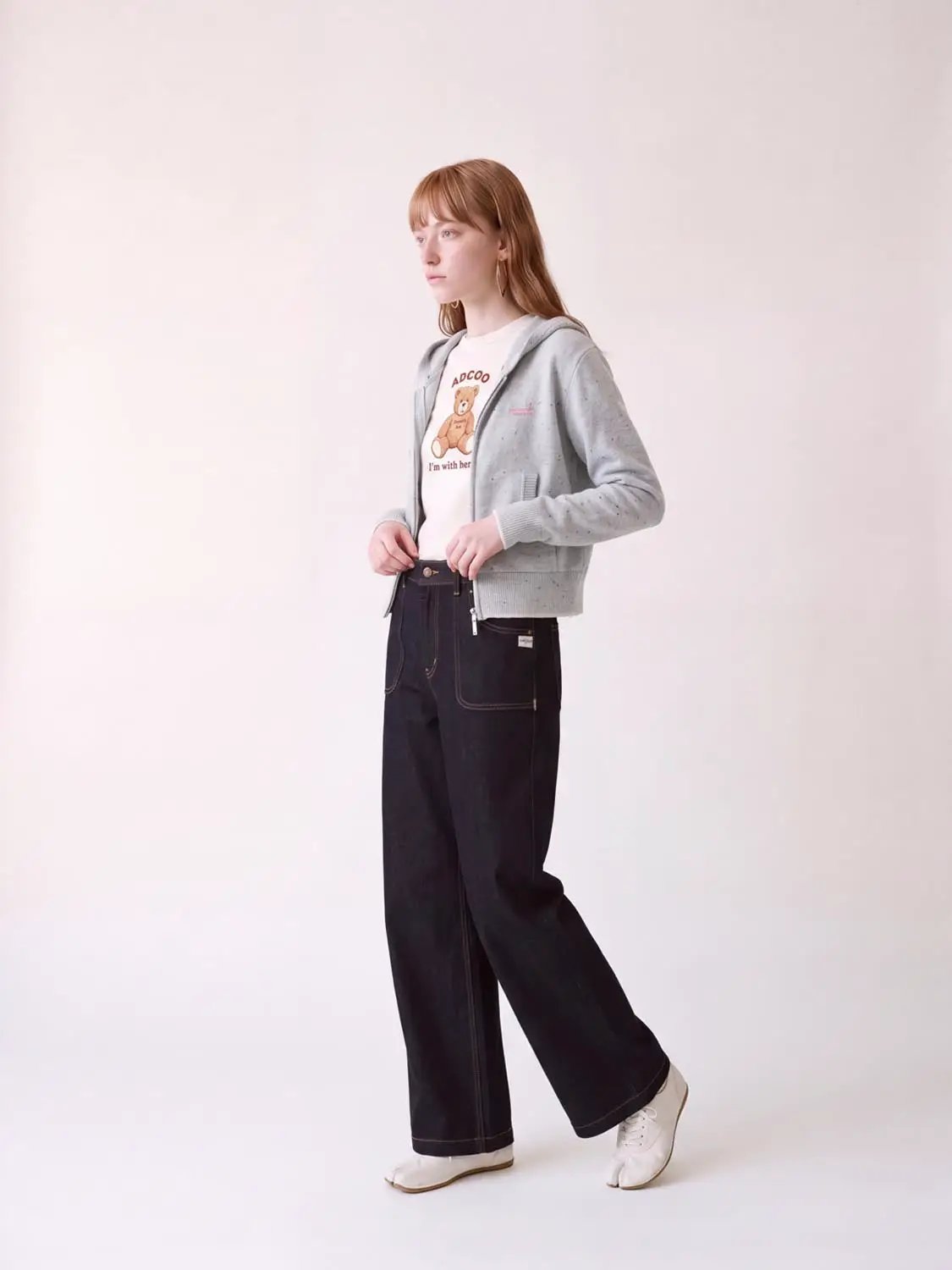 High Waist Contrast Stitch Cotton Wide Leg Jeans