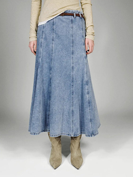 Belted Seamed Flared Washed Denim Midi Skirt