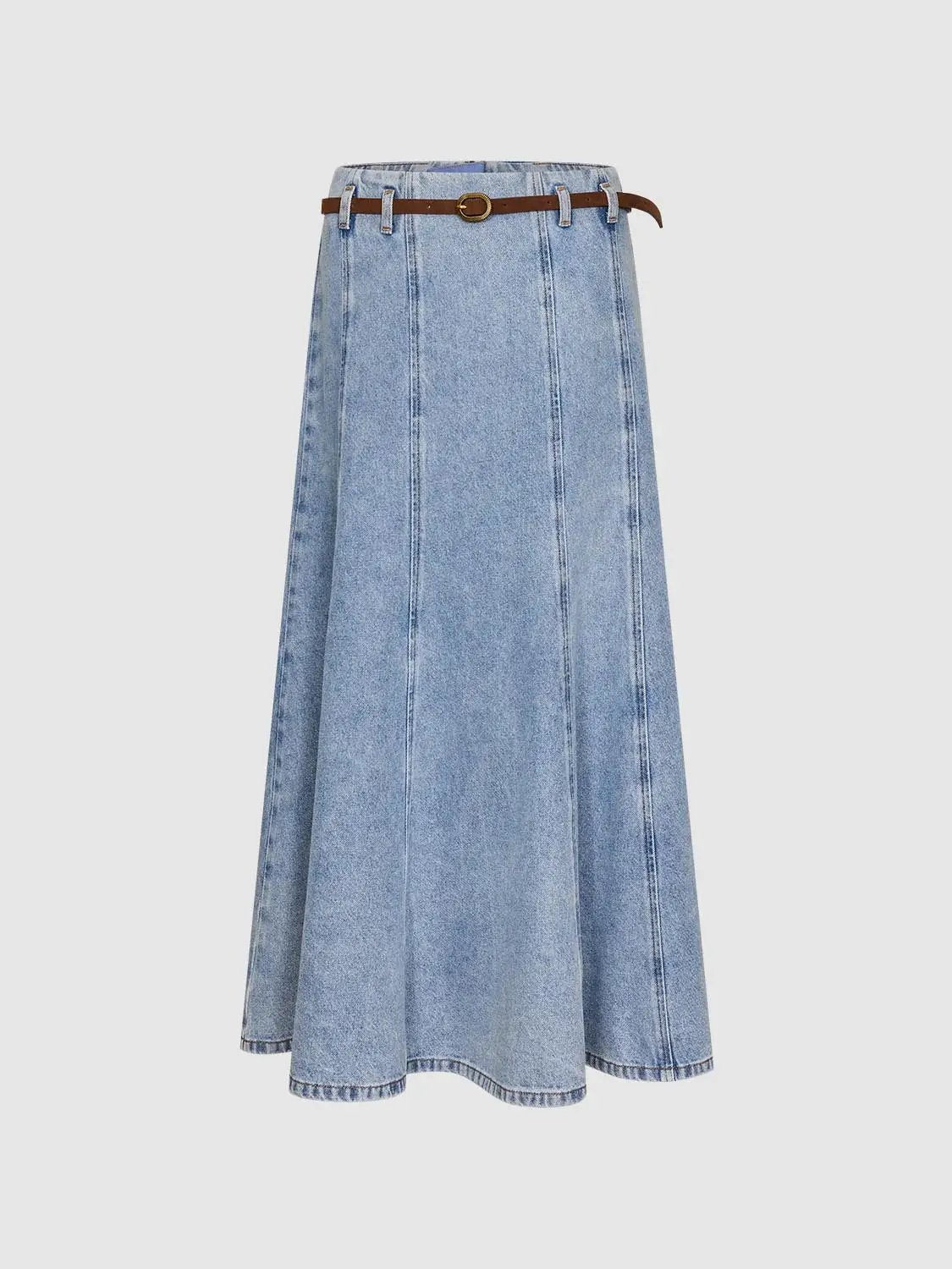 Belted Seamed Flared Washed Denim Midi Skirt