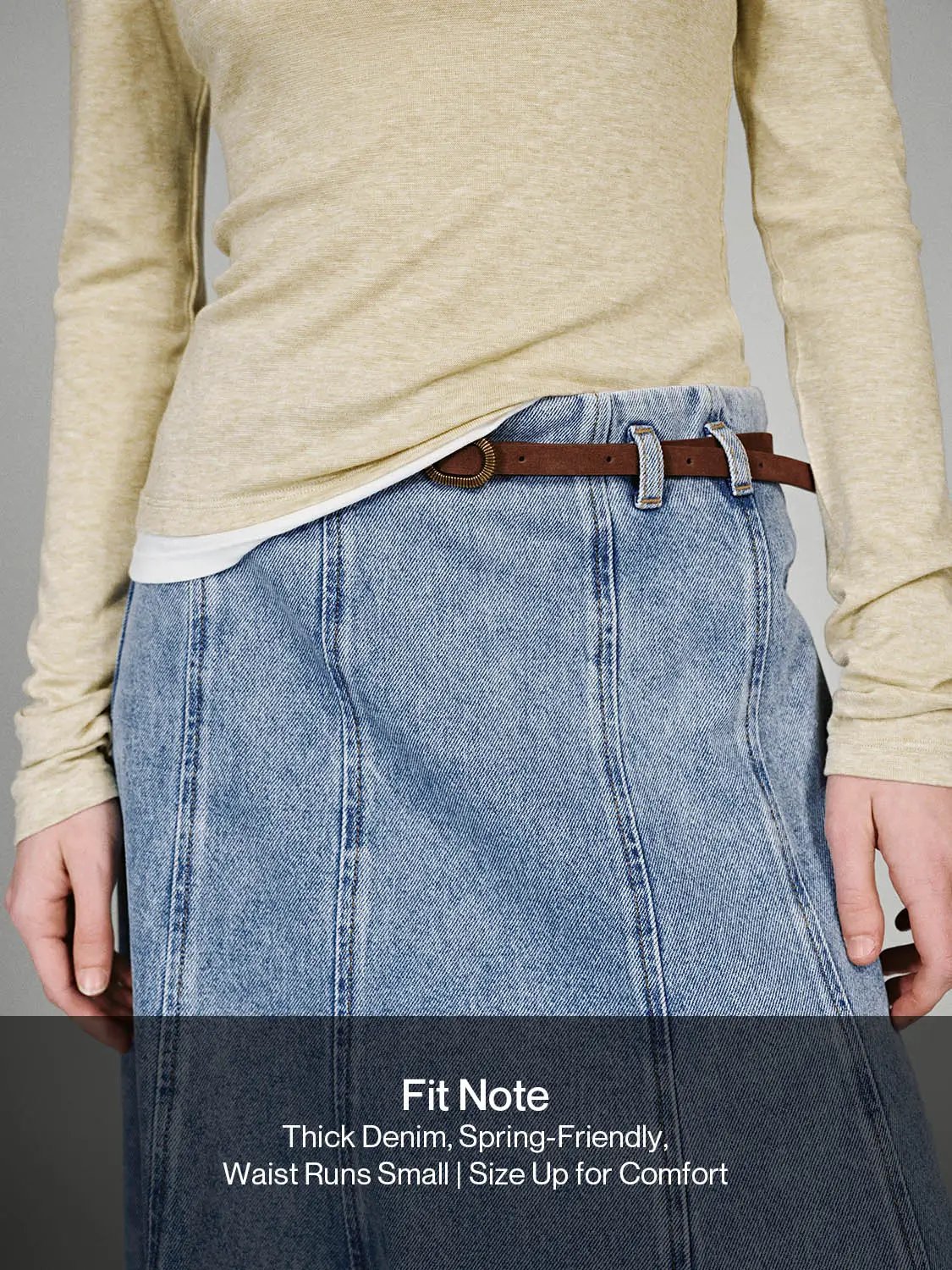 Belted Seamed Flared Washed Denim Midi Skirt