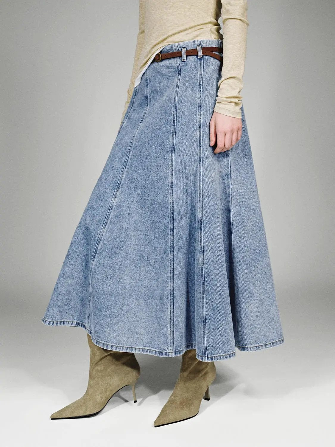 Belted Seamed Flared Washed Denim Midi Skirt