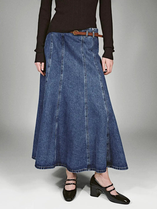 Belted Pleated Seam Detail Cotton Denim Maxi Skirt