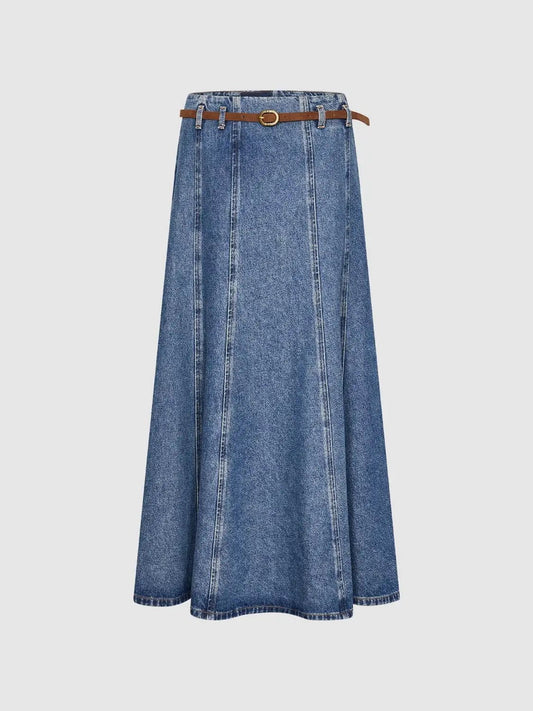 Belted Pleated Seam Detail Cotton Denim Maxi Skirt
