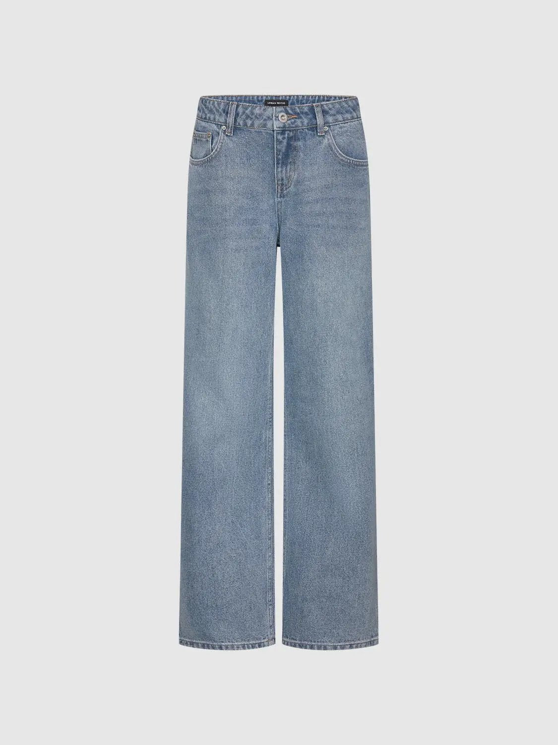 Mid Rise Vintage Wash Classic Straight Leg Cotton Jeans