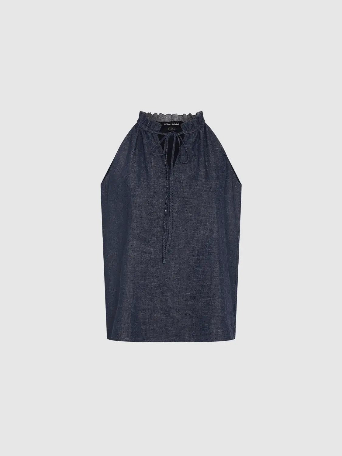 Ruffled Halter Neck Tie Front Sleeveless Denim Blouse
