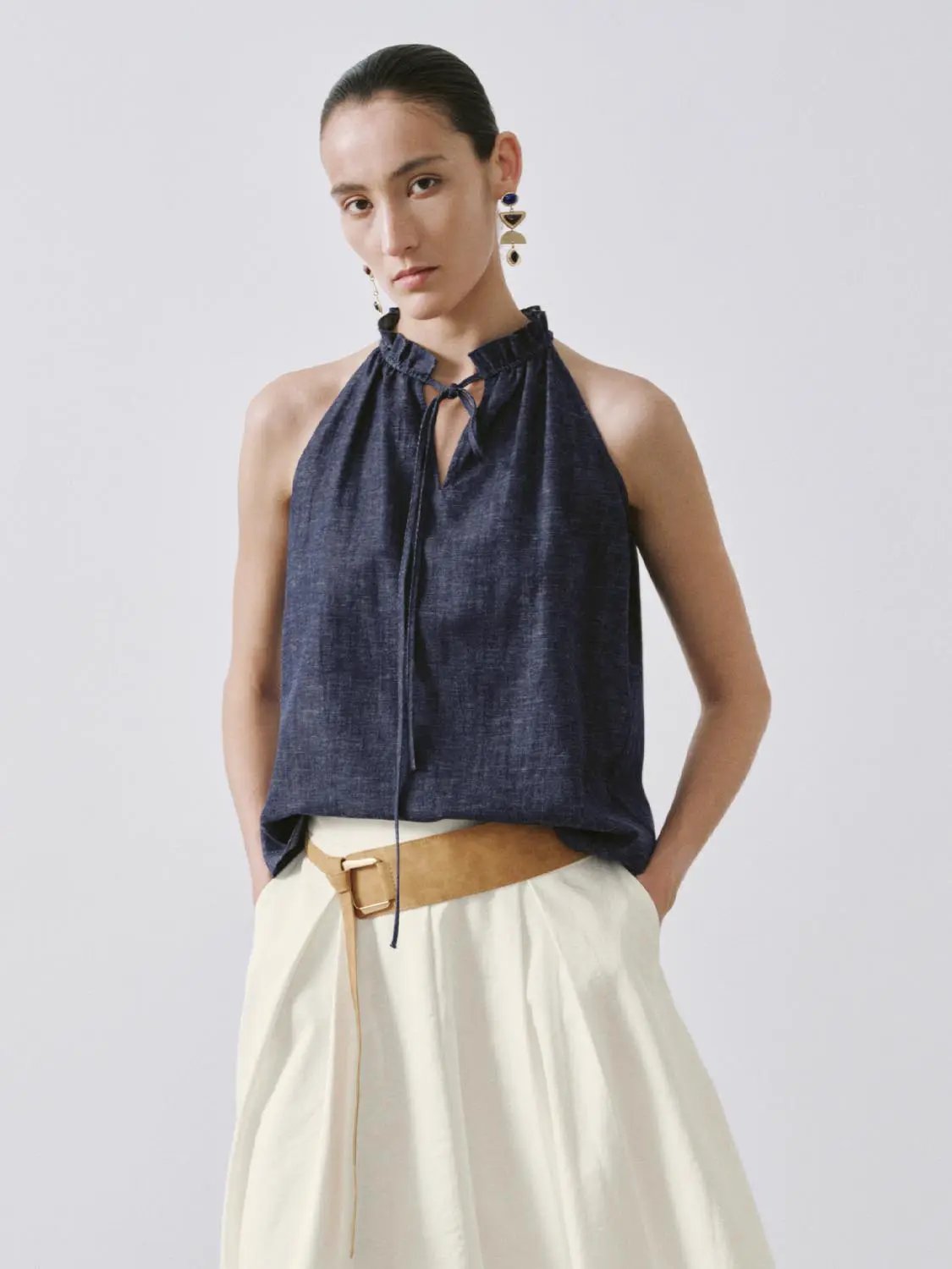 Ruffled Halter Neck Tie Front Sleeveless Denim Blouse