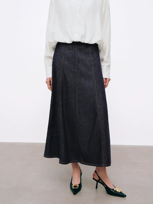 Vertical Stitch Seam High Waist Cotton Denim Midi Skirt