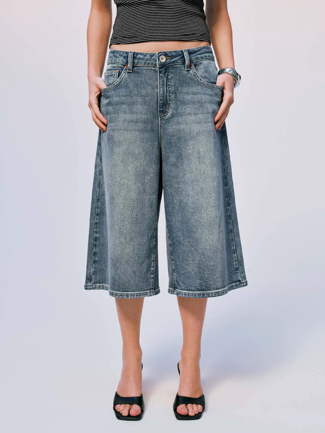 Washed Vintage Loose Fit Cotton Wide Leg Capri Denim Jeans