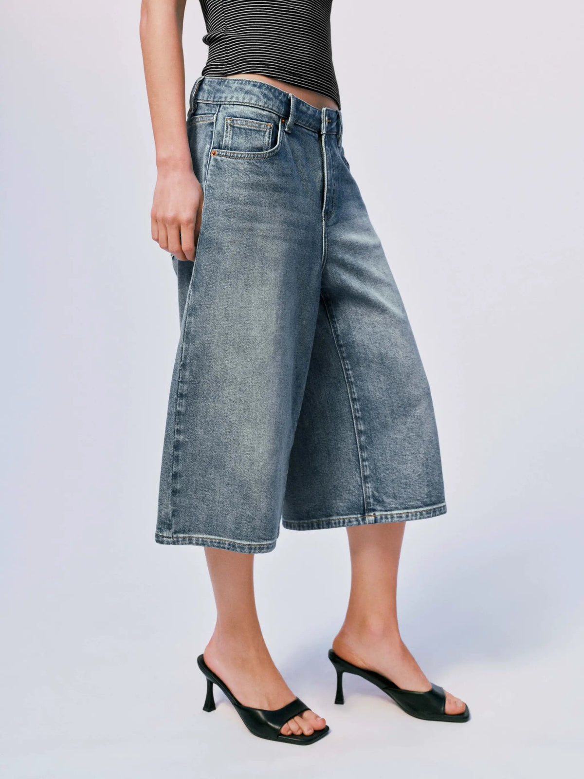 Washed Vintage Loose Fit Cotton Wide Leg Capri Denim Jeans